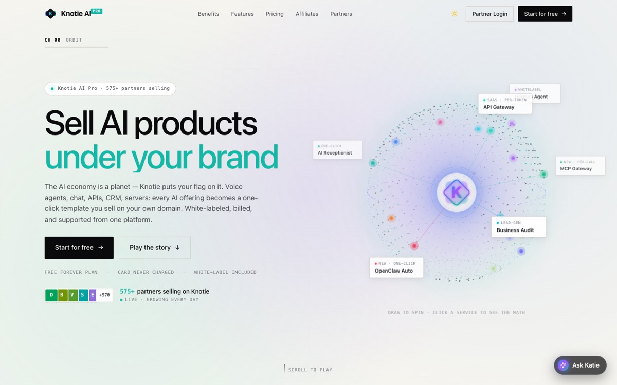 The new knotie.ai — the story-led landing page.