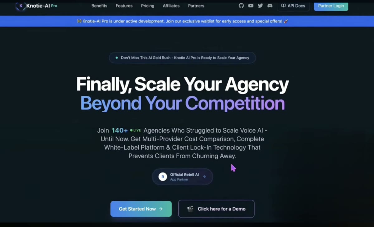 The old Knotie-AI Pro landing page — a dense dark SaaS pitch.