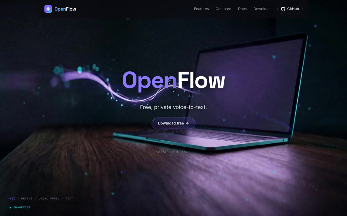 The new openflow.computer — the privacy story front and centre.