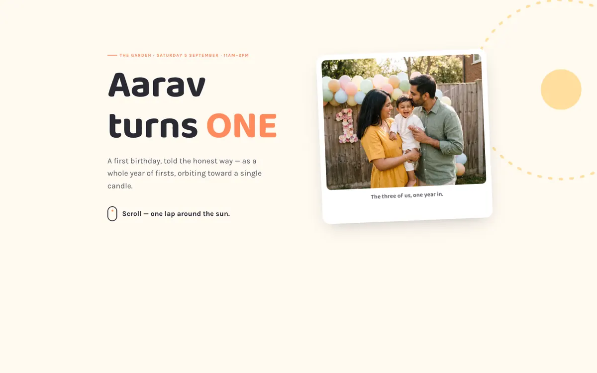 Aarav Turns One website homepage