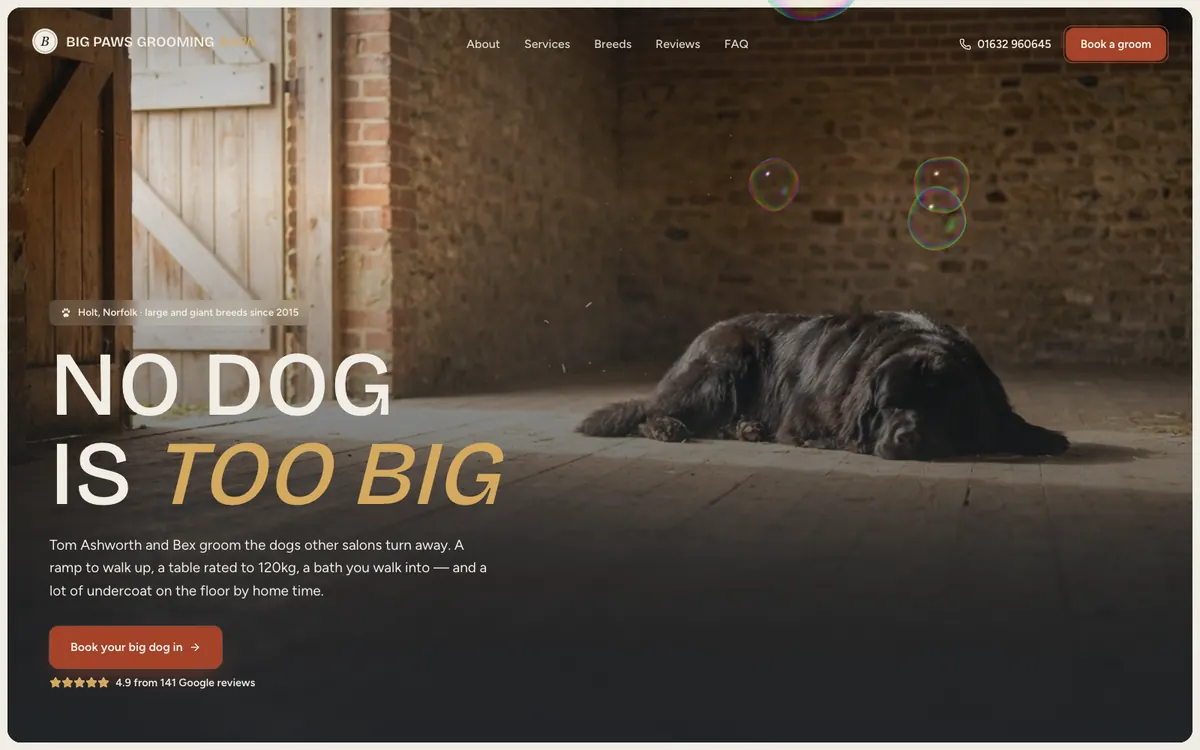 Big Paws Grooming Barn website homepage
