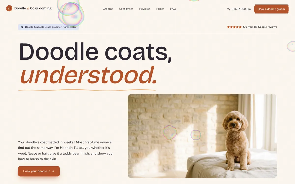 Homepage of the Doodle & Co Grooming website