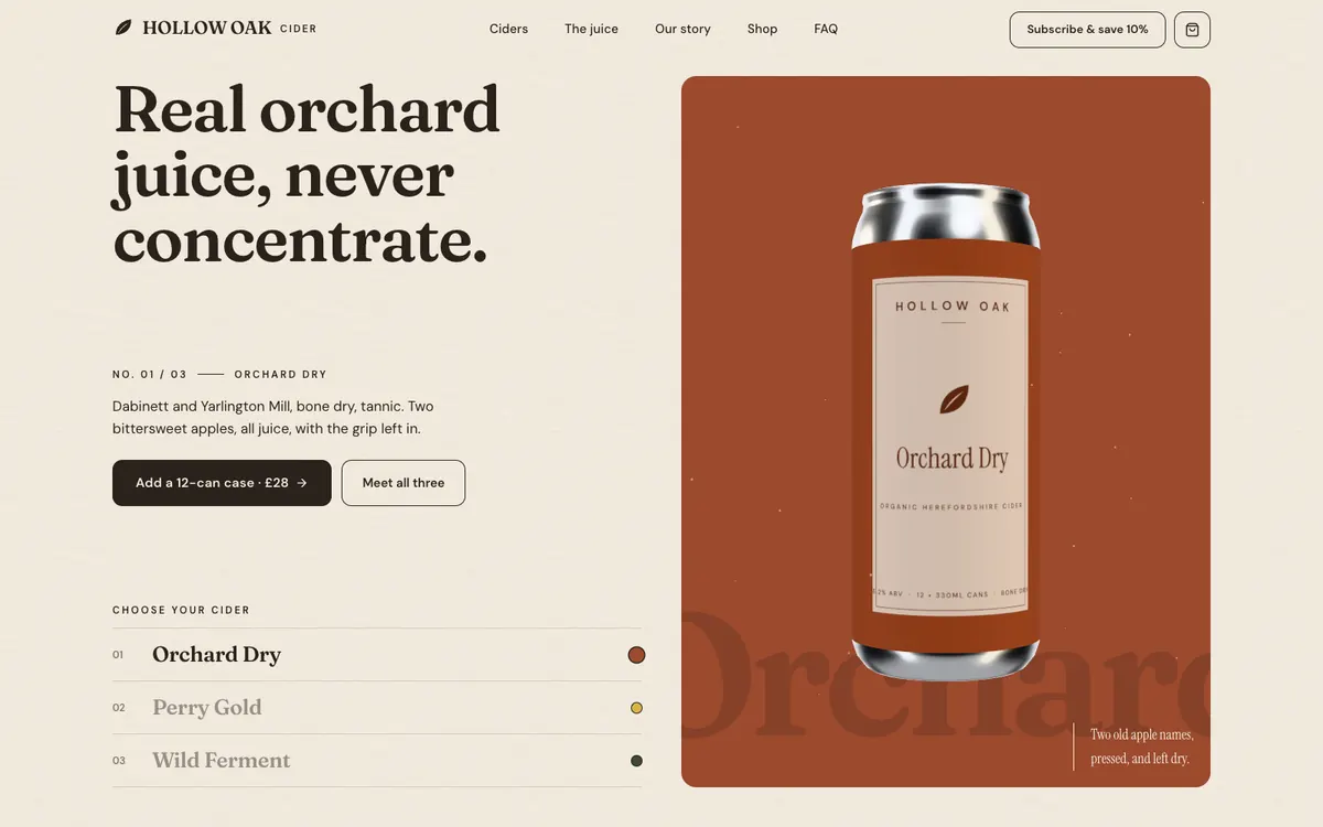 Homepage of the Hollow Oak Cider website