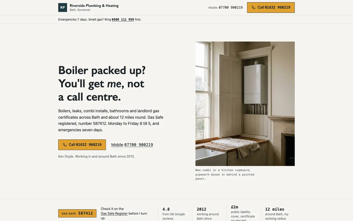Riverside Plumbing & Heating website homepage