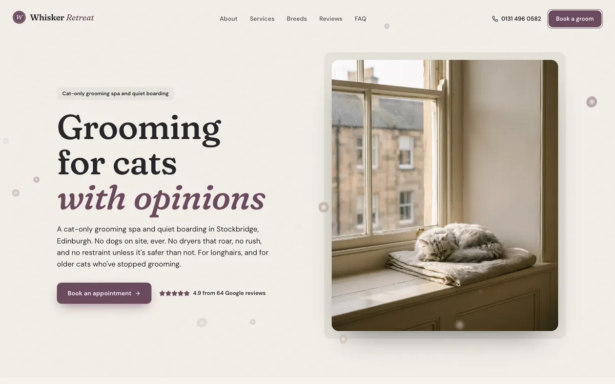 Homepage of the Whisker Retreat website